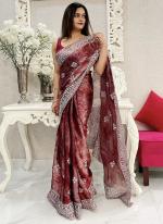 Burburry Silk Wine Party Wear Sequins Work Saree